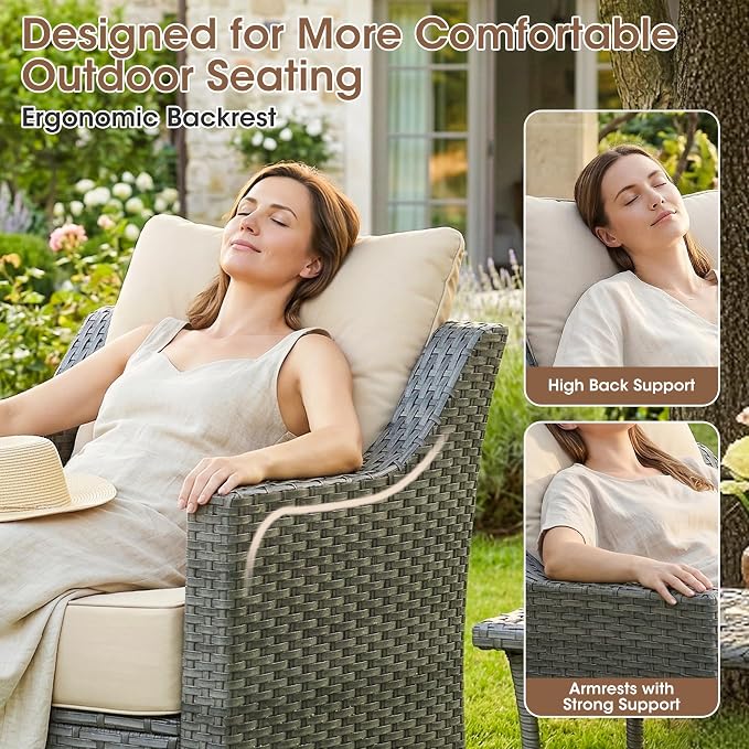 2 Piece Patio Furniture Set, Outdoor Swivel Rocker Chairs Set of 2, Grey Wicker Conversation Chairs with 6-Inch Thick Cushions, High Back Seating, Beige Olefin Covers for Porch, Deck