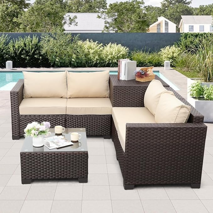 Khaki Outdoor Sectional Conversation Sofa Set 4 Pieces Wicker Patio Furniture Set with Storage Box and Glass Table Cushions and Furniture Covers