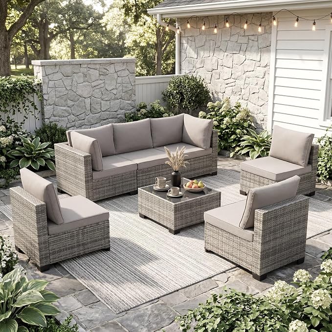 ANJ 7 Piece Outdoor Wicker Patio Furniture Set, Modular Loveseat Sofa with with Glass Top Coffee Table, All-Weather Rattan Conversation Couch Set for Balcony, Backyard, Light Grey Wicker-Grey