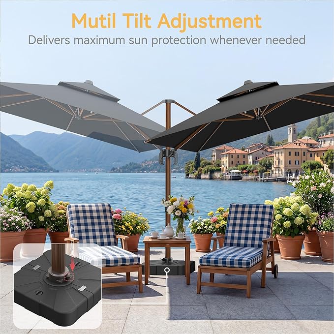 10x13 FT Wood Pattern Patio Umbrella with Base, Large Deluxe Cantilever Rectangular Double Top Heavy Duty Offset Umbrellas with 360° Rotation, Outdoor shade for Garden Pool Patio, Black