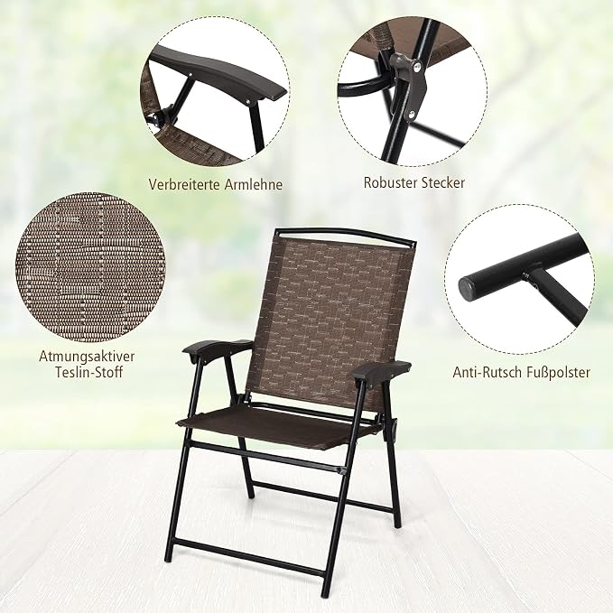 SPSUPE 3 PCS Outdoor Patio Set, Dining Furniture Set with Round Table, 2 Folding Chairs, Glass Tabletop, Ideal for Garden Pool Backyard Versatile Bistro Set