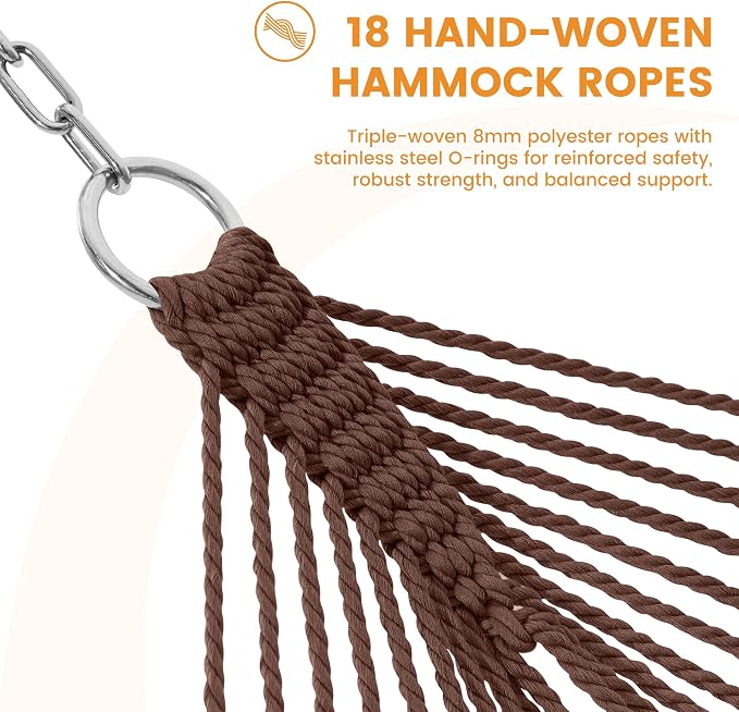 Lazy Daze Hammocks 10.5 FT Double 2 Person Caribbean Rope Hammock, Hand Woven Polyester Hammock with Spreader Bars for Outdoor Backyard Patio Poolside, 450 LBS Capacity, Brown