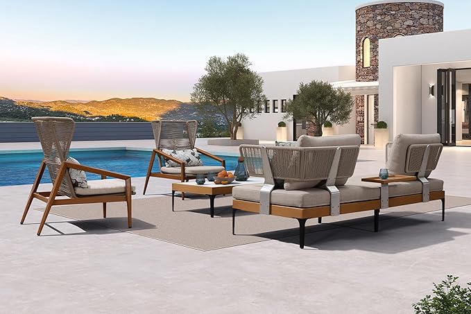 PURPLE LEAF 4 Pieces Patio Conversation Furniture Set Outdoor Aluminum Modern Wicker Sofa Chairs Sets with Coffee Table for Balcony Yard Garden Poolside, Cushions and Pillows Included
