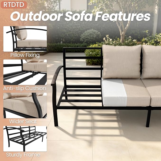 Metal Patio Furniture Set,6 Pieces 8 Seats Patio Sectional Outdoor Furniture Set with 2 Rectangular Coffee Tables,Patio Conversation Sets with 5.1" Thickened Cushions,Sand