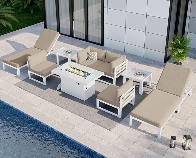 NICESOUL 9 Piece Oversized Modular Aluminum Outdoor Furniture Set with Chaise Lounge, 29" Deep and Wide Sectional Seating, 500 lbs High Weight Capacity Patio Conversation Set for Poolside Deck, Beige