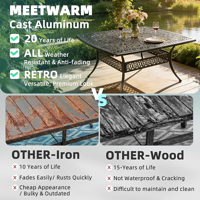 MEETWARM Outdoor 64" Square Patio Dining Table with Detachable Lazy Susan, All Weather Cast Aluminum Large Patio Furniture Table Set for 8 Seat with 24" Rotating Tray, Umbrella Hole, Dark Bronze
