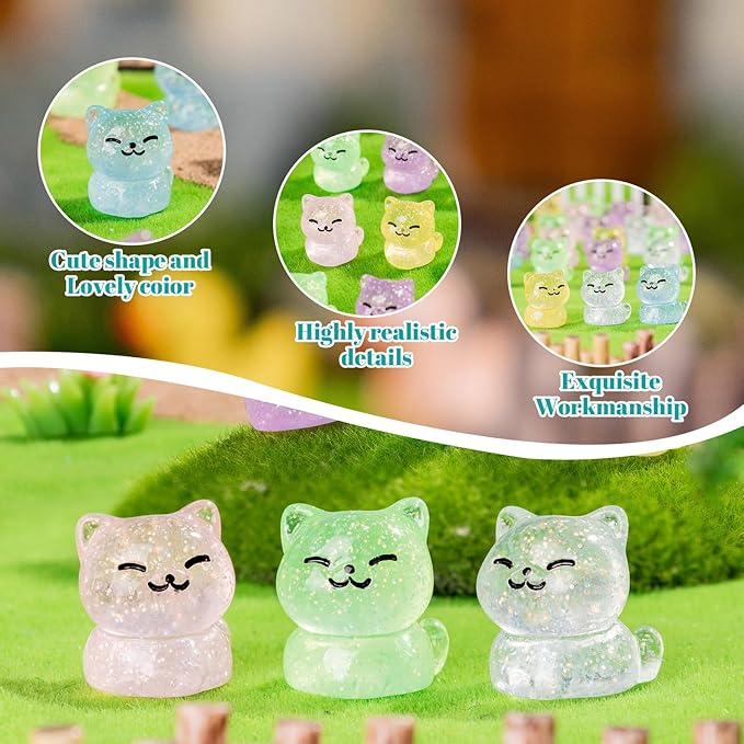 36 PCS Glitter Mini Resin Cat Figurines, Assorted Tiny Kitten Miniature Dollhouse Accessories, Bulk Cute Animal Ornaments for Micro Fairy Garden DIY Craft Aquarium Decor