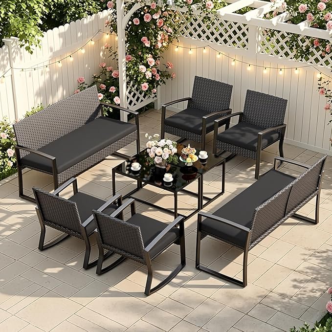 Ahomly 8 Piece Outdoor Patio Furniture Set, Wicker Patio Furniture with Glass Coffee Table, Modern Rattan Rocking Chairs Conversation Set, for Porch, Garden, Lawn,Black Cushion
