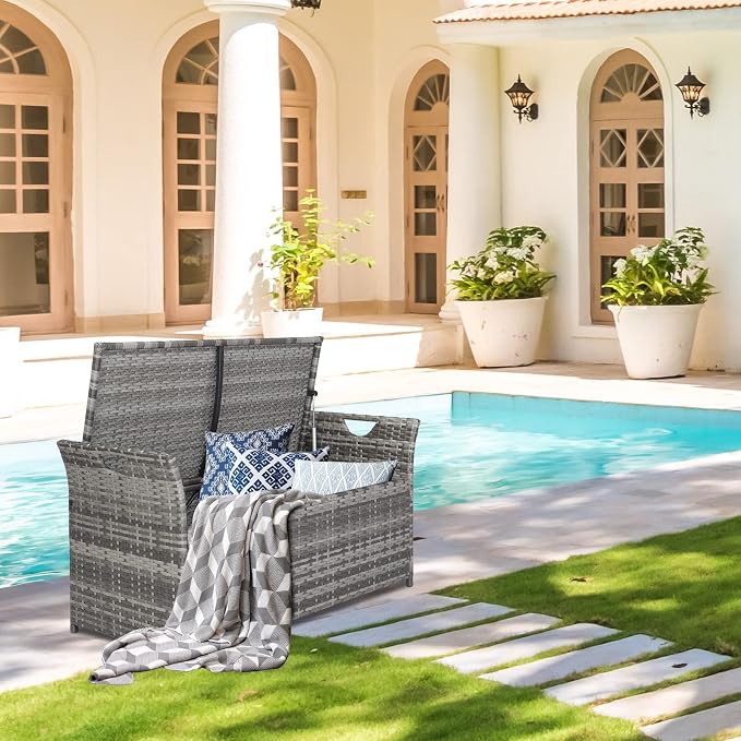 33 Gallon Rattan Wicker Deck Box Bench,Large Indoor/Outdoor Waterproof Storage Cabinet,Resin Rattan Patio Storage Bin,Outside Wicker Storage Container,with Cushion,for Yard Pool Garden Porch (Gray)