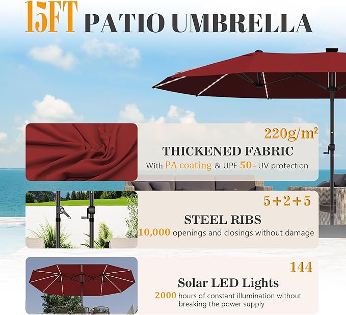 GDPFN 15ft Rectangular Patio Umbrella with Solar LED Lights, Double-Sided Outdoor Market Umbrella with Base Included, Extra Large Shade for Pool, Deck, Backyard, Garden, Burgundy