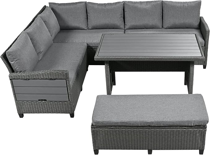 GDFStudio Brava Patio 5-Piece Conversation Set, Outdoor Rattan Sectional Sofa Set with Extendable Side Tables, Dining Table and Bench, L Shaped PE Wicker Furniture Set for Garden, Poolside, Grey