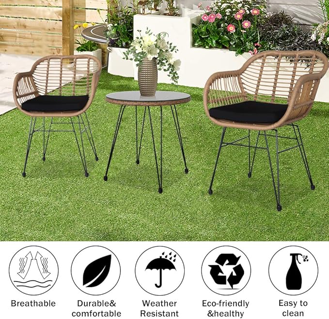 Patio Furniture Set, 3-Piece Outside Bistro Set Rattan Wicker Chairs, Tempered Glass Table, Outdoor Conversation Set,Outside Patio Conversation Sets