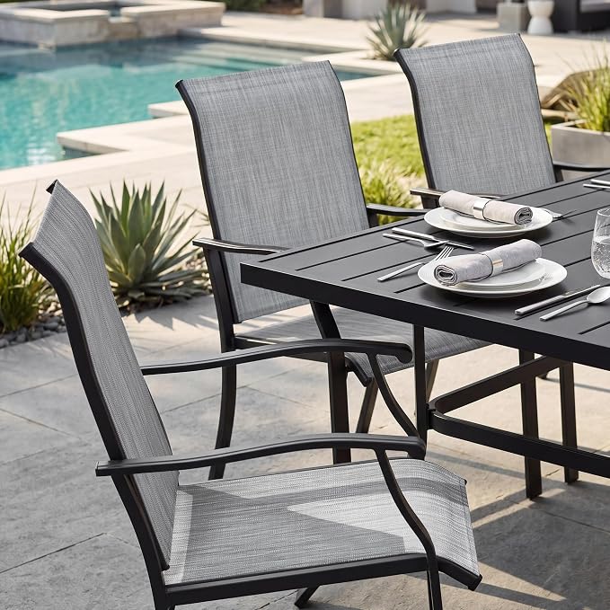 NUU GARDEN 7-Piece Patio Dining Set for 6, Outdoor Dining Table Set with Breathable Textilene Chairs, Weather-Resistant Metal Table with Umbrella Hole for Garden Poolside, Gray and Black