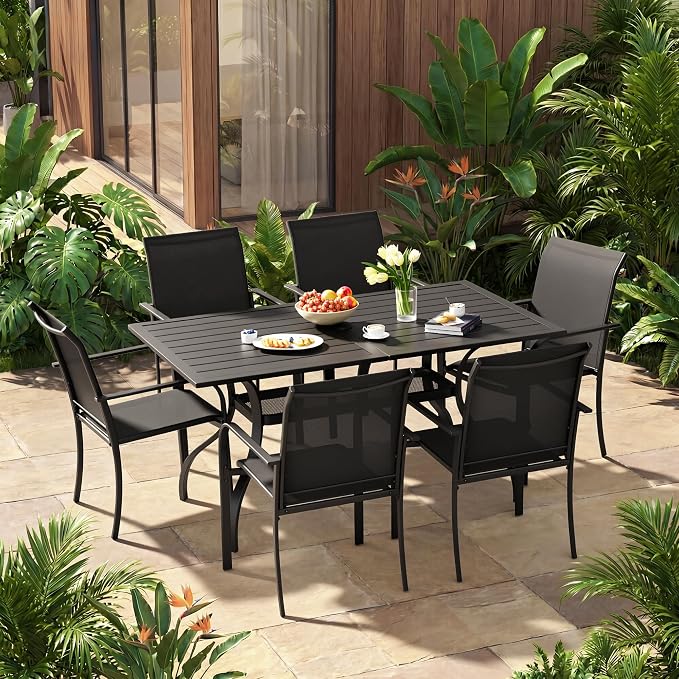 7-Piece Patio Dining Set,6 Person Outdoor Table and Chairs Set, 6 Metal Dining Chairs and Rectangular Outdoor Table with 1.57" Umbrella Hole,Black