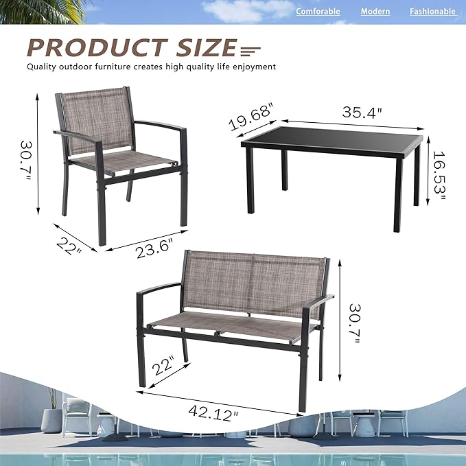 Vongrasig 4 Piece Outdoor Patio Furniture Sets, Modern Textilene Bistro Set Patio Conversation Set with Loveseat, Glass Tea Table for Home Lawn Balcony Porch Backyard(Brown)