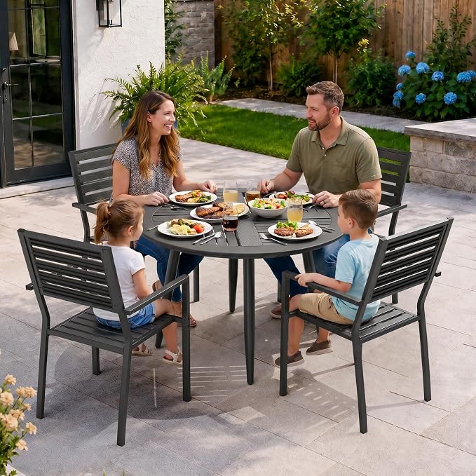 Pamapic 5-Piece HDPE Round Outdoor Dining Set, All-Weather Patio Furniture Set with Powder-Coated Iron Frame, Outdoor Table & 4 Stackable Chairs for Garden, Backyard, Poolside, Deck