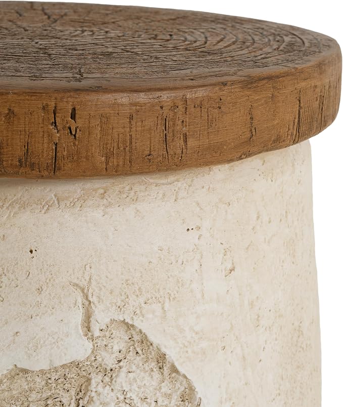 Elvira Outdoor Patio MGO Side Table, Stone-Effect Accent End Table with Faux Wood Grain Top, Beige Rustic Modern Side Stand for Balcony Garden Poolside Living Room Bedroom