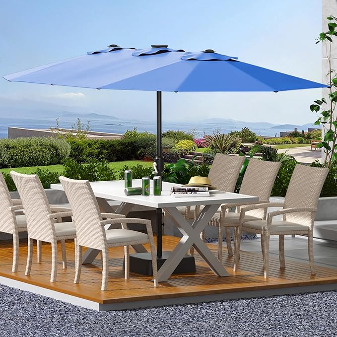 15 ft Umbrella Outdoor Patio with Base, Double-Sided Rectangular Outdoor Shade,UV & Fade-Resistant Polyester, Easy Crank Lift,Waterproof Market Umbrella for Pool, Garden, Backyard