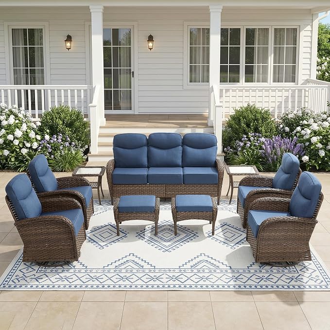 9-Piece Patio Furniture Set with Upgraded 6" Thick Cushion - High Back Outdoor Swivel Rocker Chairs Set of 2 with 3-Seater Sofa,Ottomans,Wicker Outdoor Conversation Set for Deck, Porch, Yard, Poolside