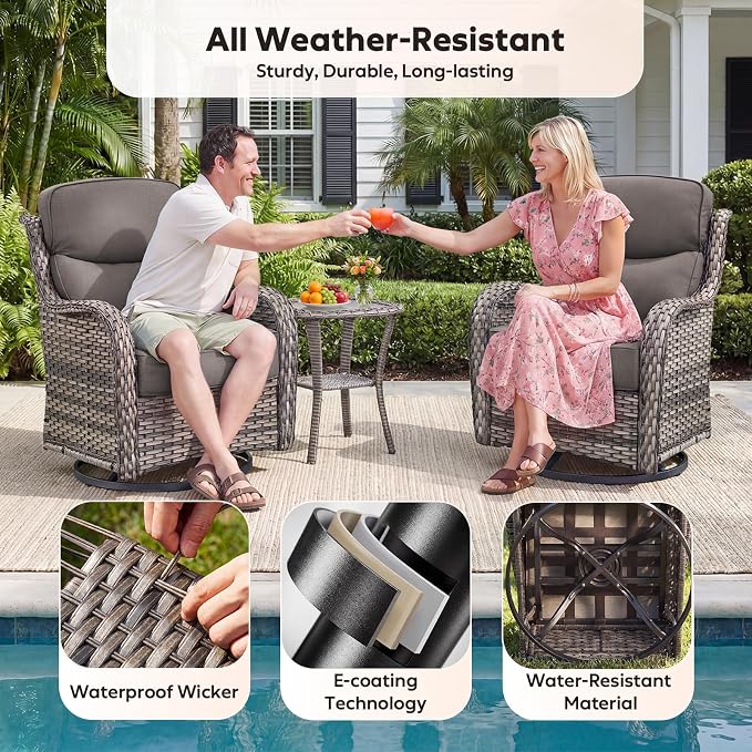 Rilyson Wicker Outdoor Swivel Rocker Chairs - All Weather Resistant Wicker Patio Furniture Set of 2 with High Back and 6 inch Thick Cushions for Deck Porch Yard and Poolside, Mixed Grey/Grey