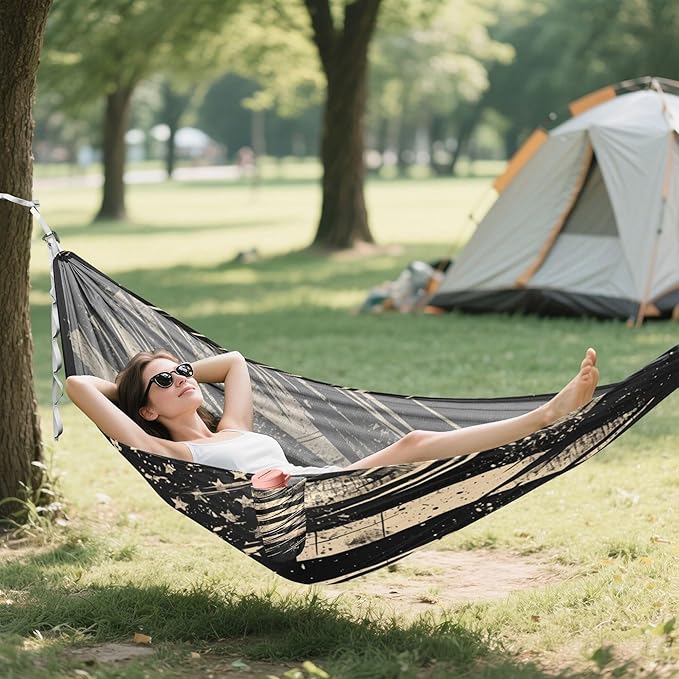 Vintage Military American Flag Black Hammocks for Camping with Portabl Carry Bag Backyard Hammock for Indoor Outdoor Patio