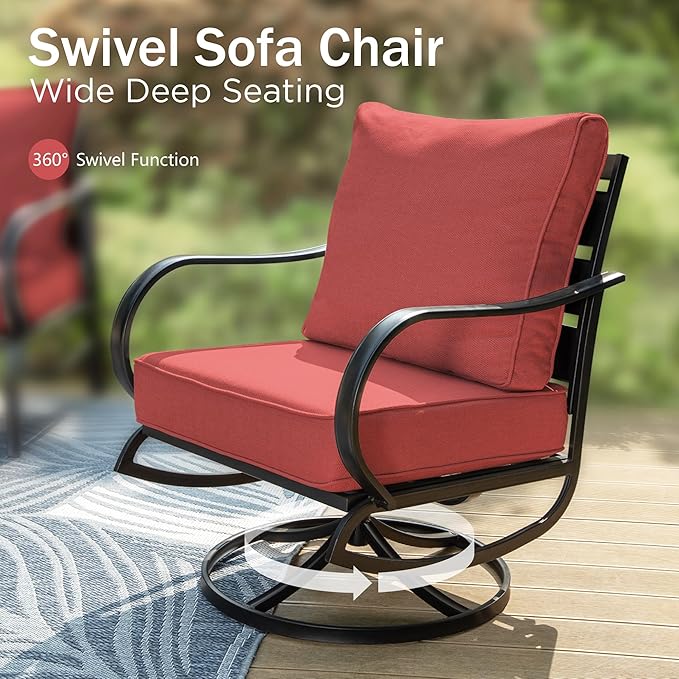 PHI VILLA 5 Piece Patio Furniture Set with 28" Firepit Table, 4 Outdoor 5.75" Cushioned Metal Frame Swivel Sofa Chairs & 28" Gas Firepit Table, Outside Furniture Set for Lawn Garden(Red)