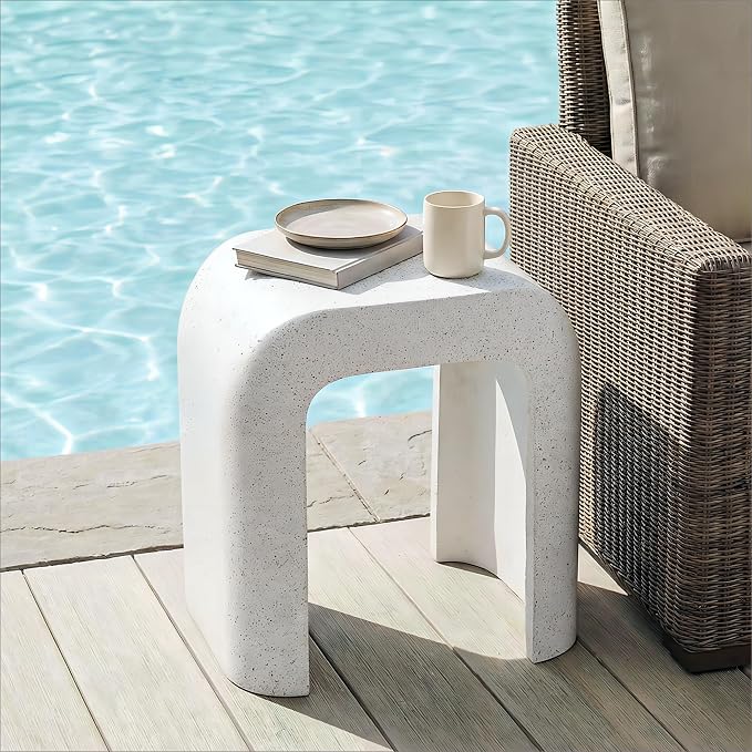 SUNBURY Outdoor Side Table, 18" H Concrete Horseshoe End Table, Rectangular Cement Accent Table for Patio, Round Modern Garden Stool for Patio, Backyard, Spotted White