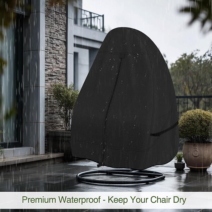 Porch Shield Patio Hanging Egg Chair Cover - 600D Waterproof Outdoor Single Seat Wicker Swing Egg Chair with Stand Protector, Black