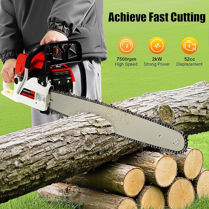 22 Inch Gas Powered Chainsaw, 52cc 2-stroke Single Cylinder Engine Gasoline Chainsaw, Petrol Handheld Cordless Chain Saw with Air-cooled Syestem for Tree Wood Cutting