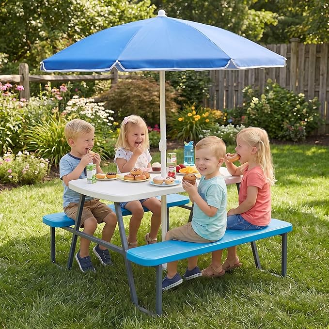 KOTEK Kids Picnic Table with Umbrella, Toddler Outdoor Table and Bench Set, Easy to Clean, HDPE Top & Metal Frame, 660LBS Capacity, Kids Patio Furniture for Backyard Park Garden (Blue)