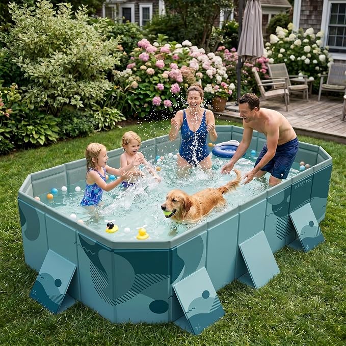 113" Non-Inflatable Foldable Pool, Extra Large Collapsible Swimming Pool with Rigid Hard Composite Board, Thickened Portable Pool for Outdoor, Backyard, Family, Camping (Film Green, 3M)