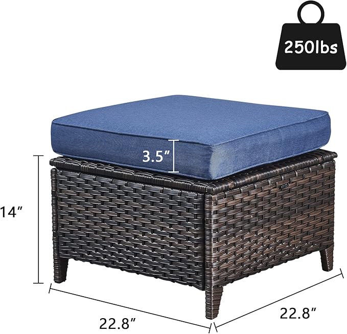 Rilyson Outdoor Ottoman Wicker Patio Ottomans - 2 Piece Footrest Footstools Set Rattan Outdoor Ottomans for Patio with Thick Cushions(Brown/Blue)