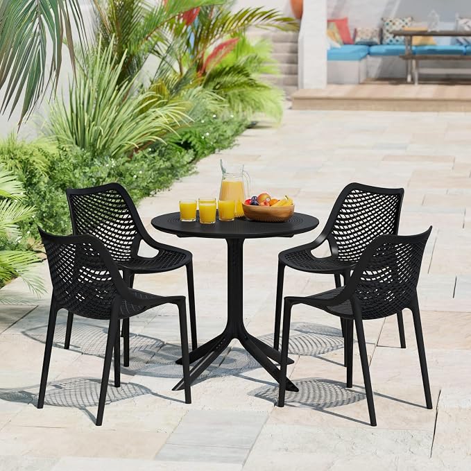 Costaelm Small Patio Table, Outdoor Round Dining Table, Weather Resistant Outside Table for Poolside Deck Lawn Garden Backyard, Black