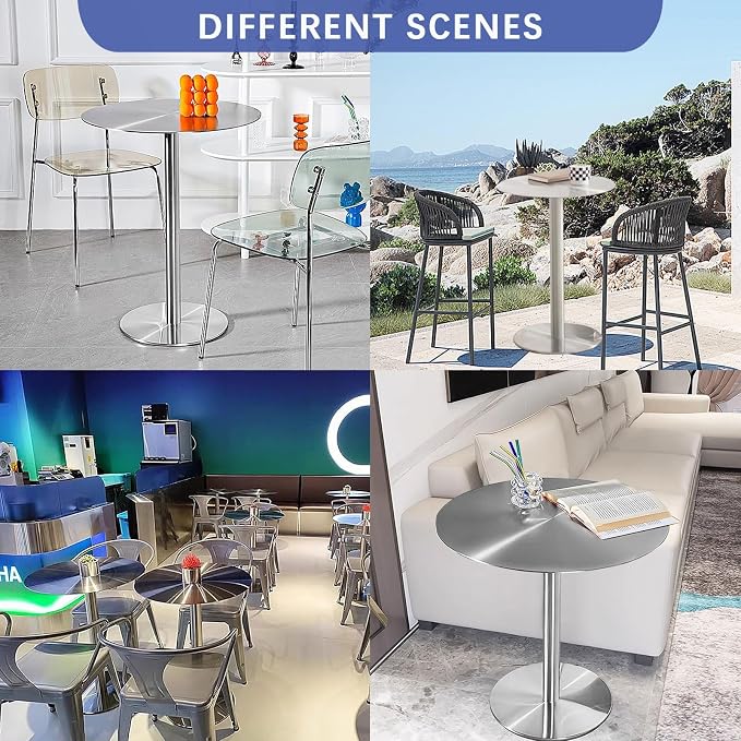Stainless Steel Bar Table Leisure Table Round Kitchen Dining Table StylishSofa Side Tables for Garden Outdoor Patio Bistro Cafe Reception Area, High Table Desk with Metal Base ( Size : 40x40x95cm )