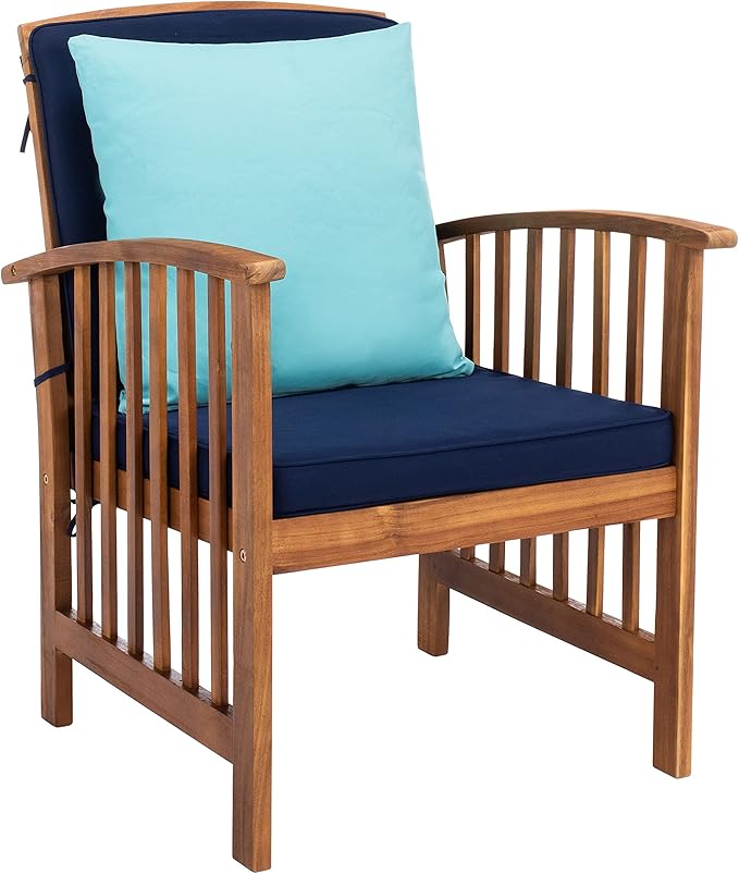 SAFAVIEH Outdoor Collection Rocklin Natural/ Navy Cushions/ Light Blue Pillows 4-Piece Conversation Patio Set