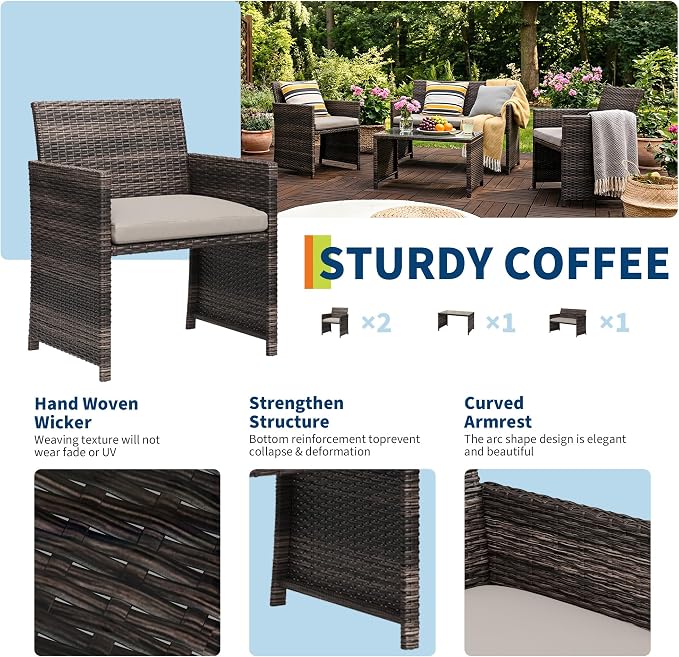 Garvee 4-Piece Patio Furniture Set, PE Rattan Outdoor Conversation Set with Cushions & Tempered Glass Table, All-Weather Wicker Patio Table and Chairs Set for Patio, Porch, Backyard, Brown and Grey