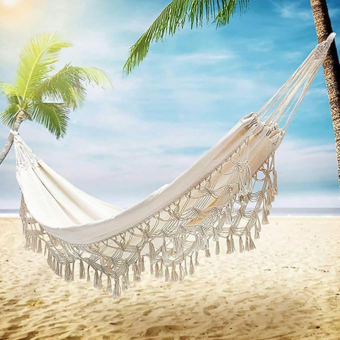 YFUG GO Double Sized Boho Macrame Cream Hammock with Elegant Tassels and Fishtail Knitting 485Lbs Includes Tie Ropes and White Drawstring Bag for Women