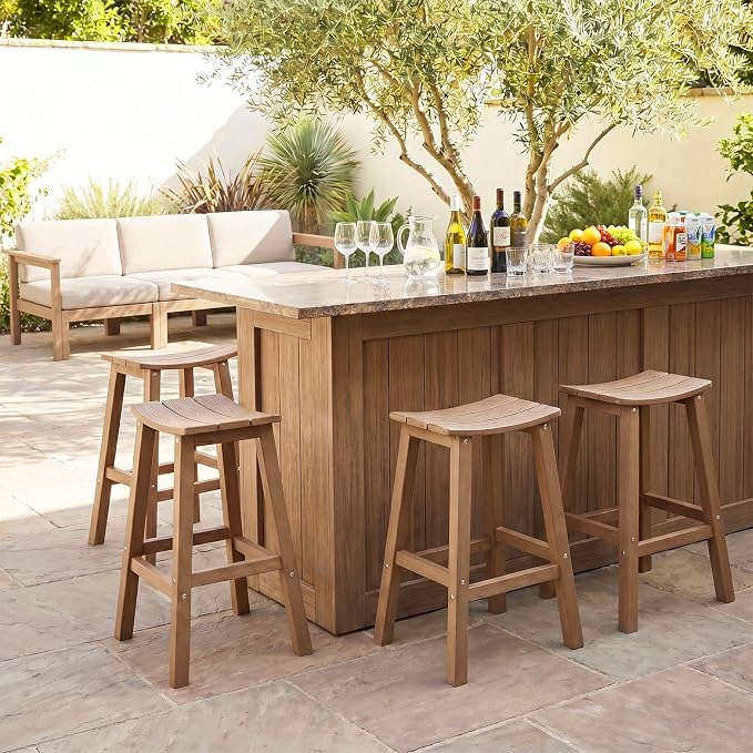 Stoog All-Weather Bar Stools Set of 4, 28" Patio Barstools, Never Rot or Fade, Low Maintenance Outdoor Furniture for Bar, Kitchen Counter & Deck, Teak