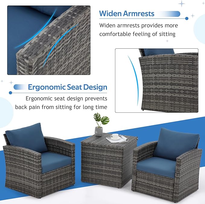 U-MAX 7 PCS Outdoor Patio Furniture Sets w/Two Storage Boxes, Outdoor Conversation Set PE Wicker Sectional Sofa Patio Sofa for Garden, Deck, Grey Rattan& Blue Cushions