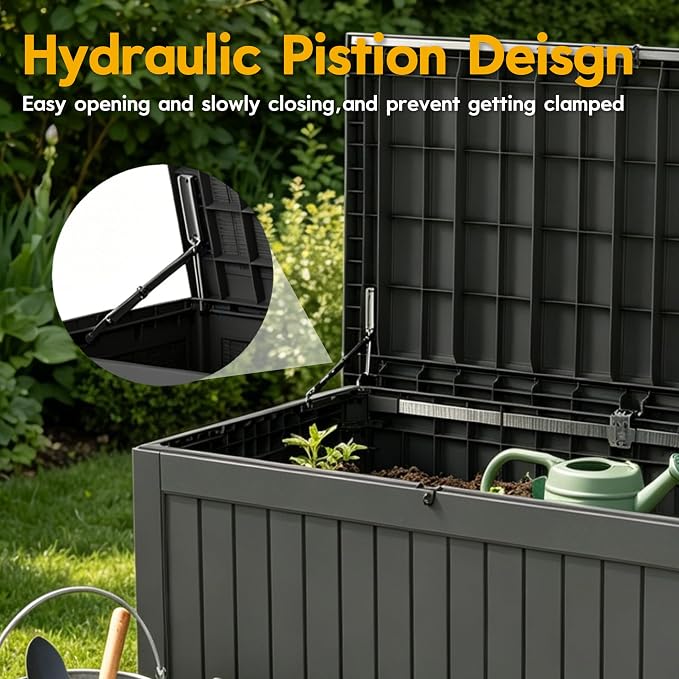 LAUSAINT HOME 240 Gallon Giant Resin Deck Box with Hydraulic Pistons - Waterproof Outdoor Storage Bench for Large Cushions, Lockable Patio Bin for Pool and Backyard (Black)