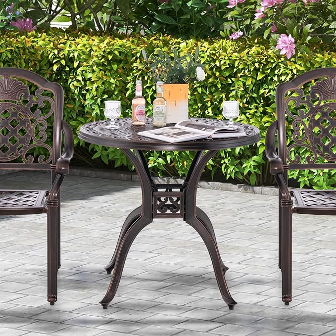 Giantex 31.5" Patio Bistro Table, Cast Aluminum Table Side Table with 2" Umbrella Hole & Adjustable Footpads, All-Weather Metal Outdoor Round Dining Table for Porch, Backyard