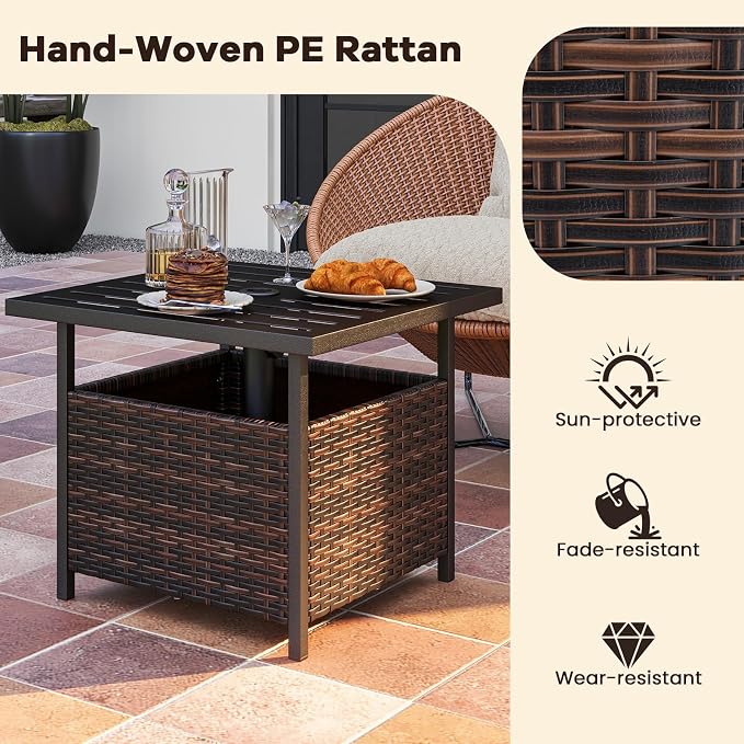 HAPPYGRILL Wicker Patio Umbrella Table with 1.57” Umbrella Hole, Outdoor Rattan Side Table with Heavy Duty Metal Frame, 22” Square PE Rattan End Table for Deck Backyard Poolside (Mix Brown)