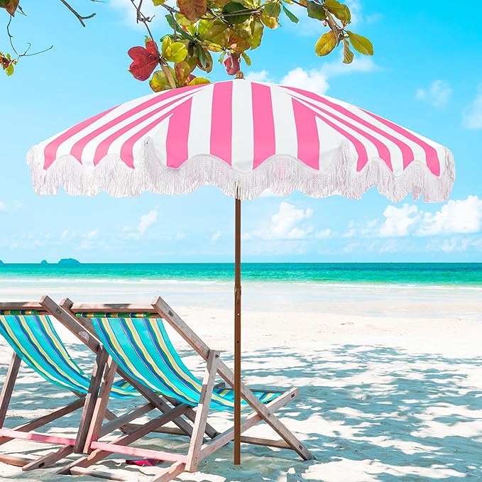 Rayjee 6.5FT Patio Umbrella with Fringe, Portable Boho Beach Umbrella, Tilt & Adjustable Height, 2-Piece Aluminum Pole for Pool, Garden, Deck & Beach