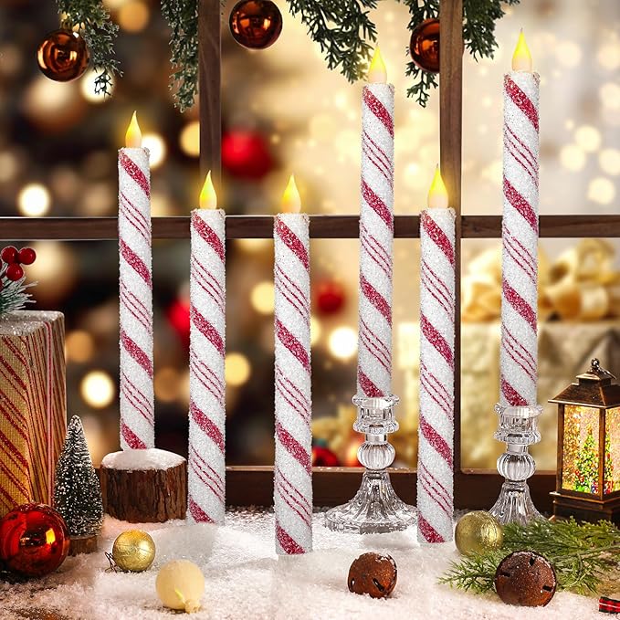 6PCS Christmas Candy Cane Flameless Taper Candles, Candy Cane Candlesticks Red and White Stripes Sea Salt Real Wax Flickering LED Battery Operated Candles for Xmas Centerpiece Decor Home Decoration