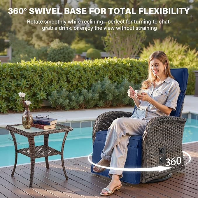 Belord Swivel Outdoor Recliner Chair Set of 2 - Patio Reclining Chair with Adjustable Backrest and Footrest, All-Weather Wicker Chaise Lounge Chair Outdoor for Pool Deck Brown (Upgraded 2.0)