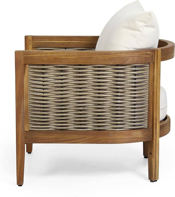 CHRISTOPHER KNIGHT HOME Burchett Outdoor 4pc Chat Set - Acacia Wood and Wicker - Teak/Mixed Brown/Beige