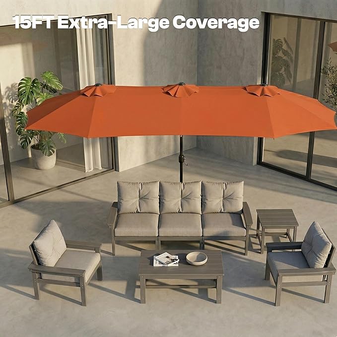 15FT Large Outdoor Patio Umbrella with Solar Lights and Base, Double-Sided Table Umbrellas with 48 LED Lights, Rectangle Market Umbrella for Pool, Deck, Backyard