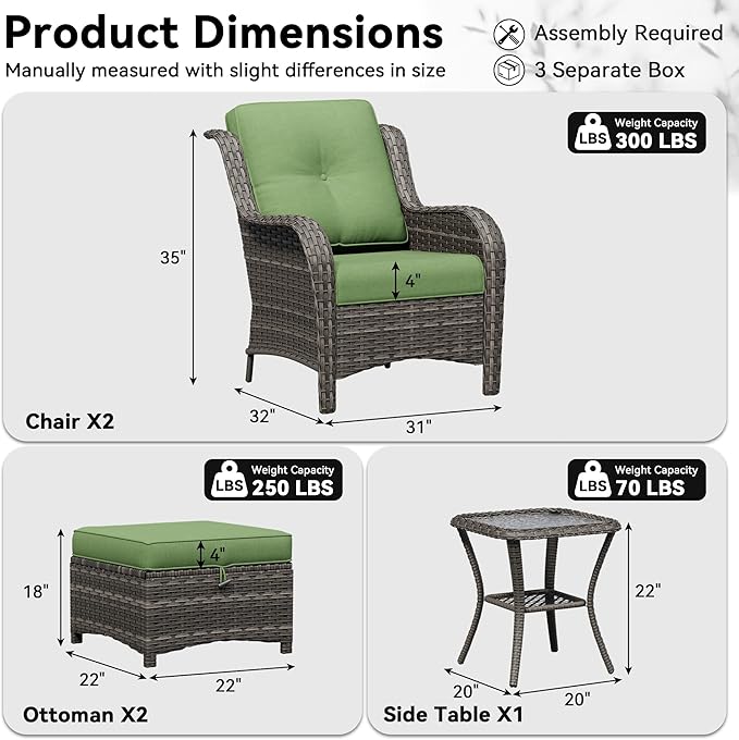 5 Piece Outdoor Wicker Patio Furniture Set, Patio Chairs Set with Thickened Olefin Cushions, High Back and Deep Seating, Hand-Woven PE Rattan, Ottoman for Porch, Deck