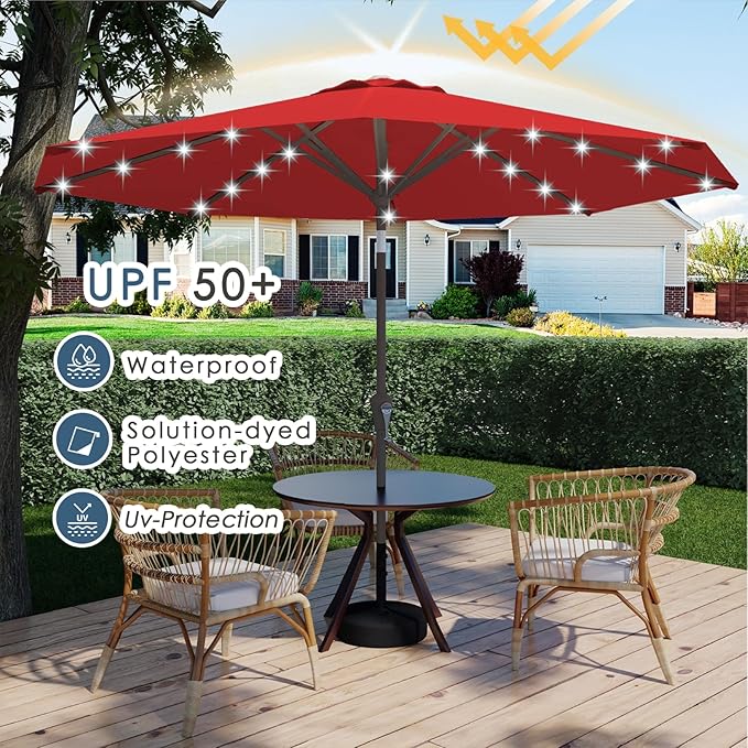 9FT Patio Umbrella with Solar Lights,Outdoor Market Umbrella with Tilt and Crank, LED Lighted Table Umbrella for Garden,Deck,Backyard,Pool,Beach (Red)