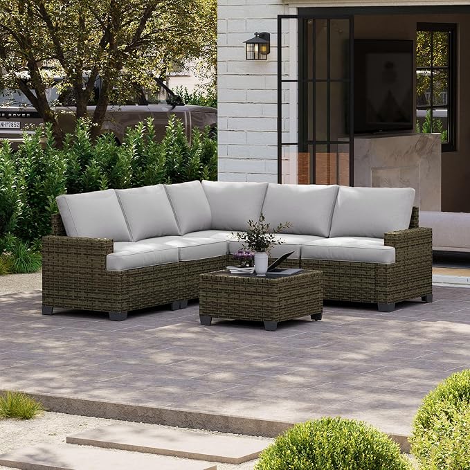 LazySunsets Luxury Patio Furniture Set, All-Weather Patio Sectional Sofas with Thickened Cushions, 6 Piece Outdoor Furniture Set, Grey